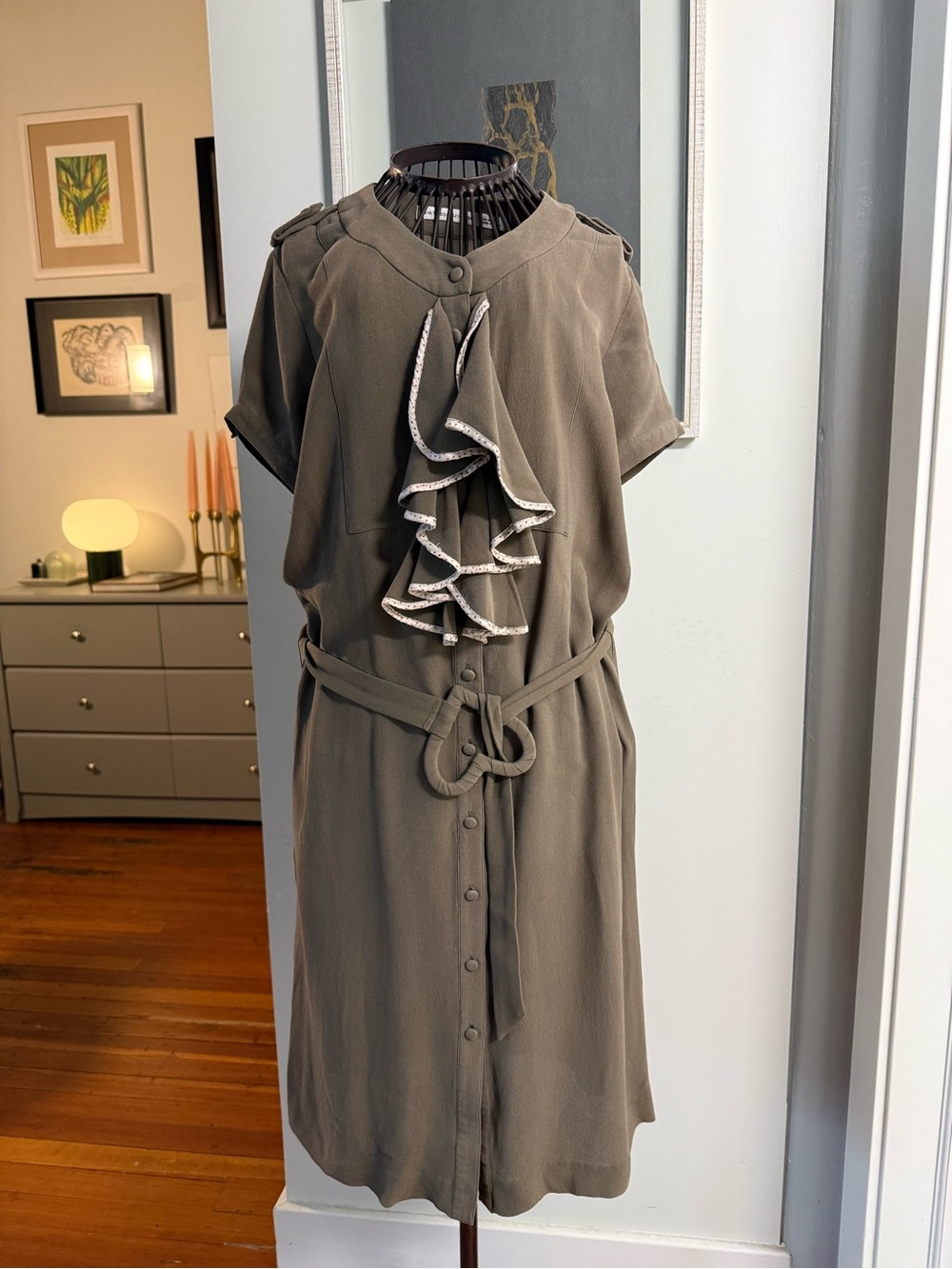Viktor & Rolf Olive Green Ruffle-Front Midi Dress with Tie Waist